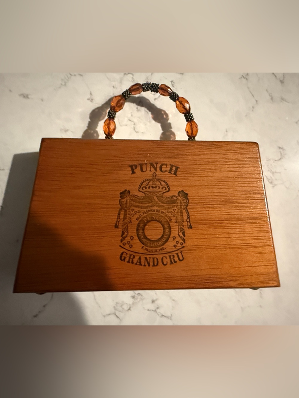 Cigar box Wooden Clutch with Amber Beaded Handle